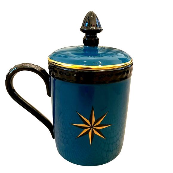 GUCCI XXV Animalium Print Mug Porcelain Butterfly with Lid Blue Black Gold NEW - Picture 6 of 16